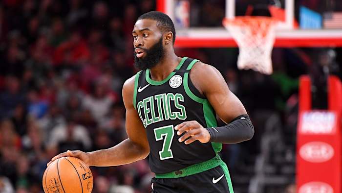 Boston Celtics' Jaylen Brown dribbles